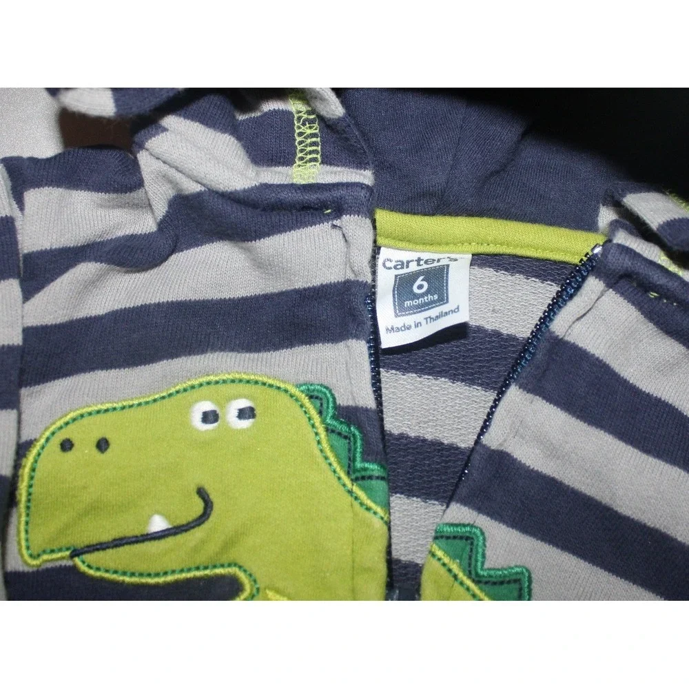 Carters Baby Boy 6 Months Zip Up Hoodie Lot Dinosaur Puppy Navy Gray Stripe 2pc